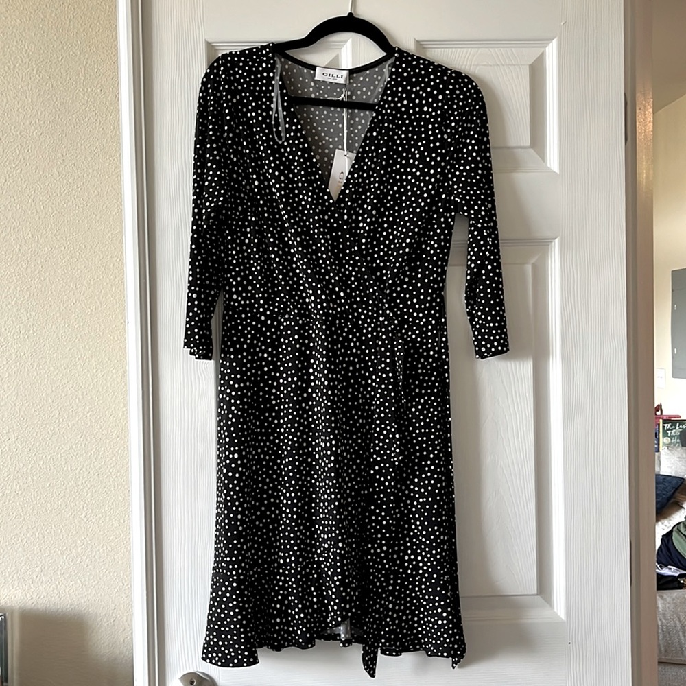 Gilli Black Faux Wrap Dress with white polka dots